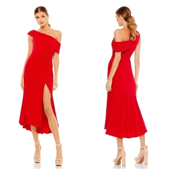 IEENA FOR MAC DUGGAL Ruched Off The Shoulder Midi Dress In Red - Picture 1 of 7